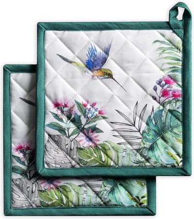 Pannenlappen, 100% katoen, set van 2 (20 cm x 20 cm), hotpads, hittebestendig, met strik-pannenhouder voor bakken, grillen, thuis, tropiques - lente/zomer