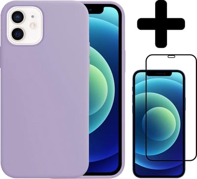 Hoesje - Met Screenprotector - Geschikt voor Apple iPhone 12 - Sterk & Shockproof - Telefoon Hoes - Back Cover - Siliconen Case - Telefoonhoes - Lila