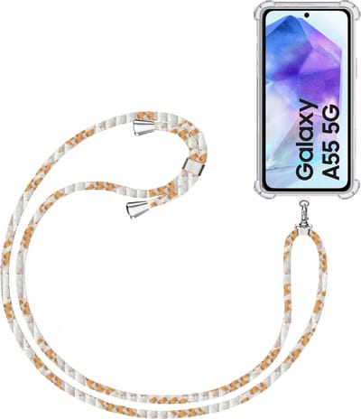 Telefoonkoord + Hoesje Geschikt voor Samsung Galaxy A55 - Lengte Verstelbaar - Telefoonketting - Shock Proof Case - Wit Goud
