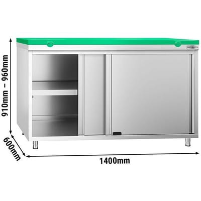 GGM Gastro Edelstahl Arbeitsschrank PREMIUM - 1400x600mm - mit Schiebetür - inkl. Schneideplatte Grün