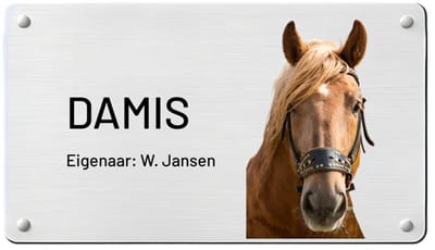 Stalbord paard | Stalbord met foto en eigen tekst | Stalbordje paard | Gepersonaliseerd stalbord paard | Aluminium Stalbord voor paarden | Petshop Seven