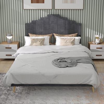 Wishdor Gestoffeerd Bedframe – 160 x 200 cm – Geometrisch Hoofdbord met Siernagels – Stof en Metaal Grijs – Lattenbodem voor Stevige Ondersteuning – Zachte Hollandse Wol – Stijlvol voor Moderne Slaapkamer – Eenvoudige Montage