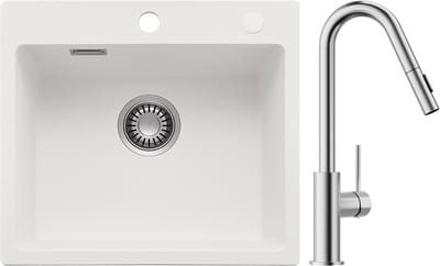 CECIPA max Granieten spoelbakken 40x45CM - Spoelbakken Keuken - Spoelbak Keuken Met Keukenkraan met uittrekbare uitloop - Enkele spoelbakken Met sifon - waterafvoersysteem en overloopset -Wit