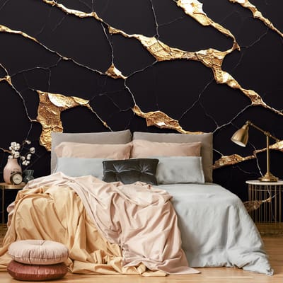 Fotobehang - Vliesbehang - Marmer - Zwart - Goud - Patroon - (104 x 152,5) cm)