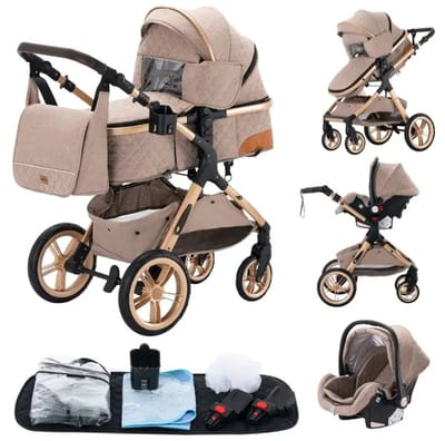 Kinderwagen 3 in 1 - Multifunctioneel - Combi Kinderwagen - Inklapbare Wandelwagen - Autostoel - Buggy - Opbergruimte - Klamboe - Beige