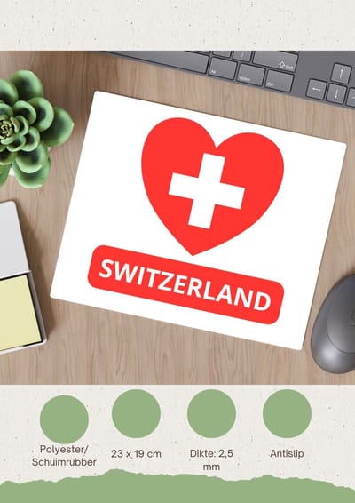 Akyol - switzerland vlag hartje Muismat - Zwitserland - reizigers - toerist - verjaardagscadeau - souvenir - vakantie - 23 bij 19 cm