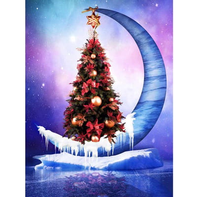 Diamond Painting Kerstboom Maan Volle Ronde Diamant Borduurwerk Landschap Foto's van Strass 20X30CM black
