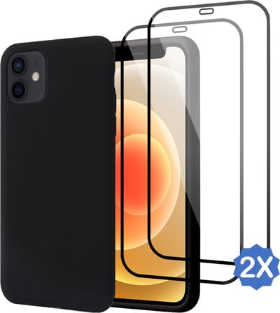 Geschikt voor iPhone 12 / 12 Pro - Hoesje + 2x Screenprotector – Full Cover Gehard Glas – Suède Back Cover Case Zwart