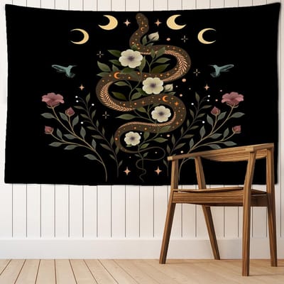 Zon Maan Ster Tarot Wandtapijt Muurhanger Astrologie Waarzeggerij Hekserij Hippie Godin Plant Bloem Slaapkamer Huisdecoratie 95x70cm black