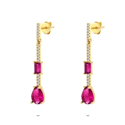 Twice As Nice Oorbellen in 18kt verguld zilver, fuchsia en witte steentjes