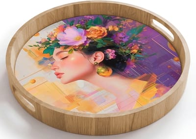 Dienblad rond 40x40 cm - Schootdienblad hout - Abstract - Vrouw - Bloemenkroon - Goud - Borrelplank rechthoek - Plateau houten dienbladen