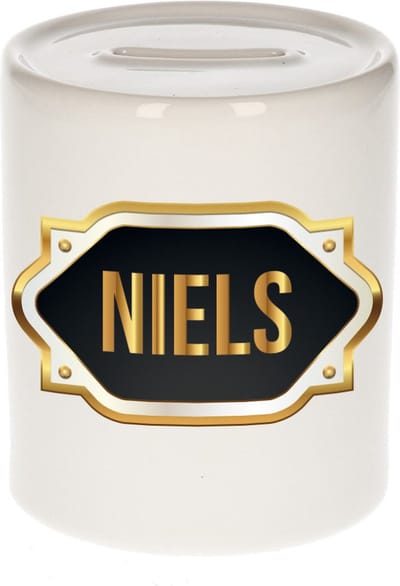 Spaarpot met voornaam Niels - wit - met goud/zwart embleem - 8 x 9 cm - keramiek - met afsluitdop - cadeau verjaardag