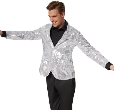 dressforfun - Paillettenjas heren zilver S - verkleedkleding kostuum halloween verkleden feestkleding carnavalskleding carnaval feestkledij partykleding - 303931
