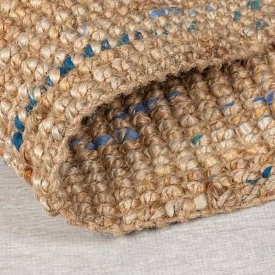 Flycarpets Loper Jute Vloerkleed - Boucle Naturel / Blauw 67x300 cm