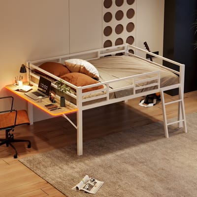 Sweiko Halfhoogslaper 140 x 200 cm, bureau, LED-lichtlijst, zonder matras, wit