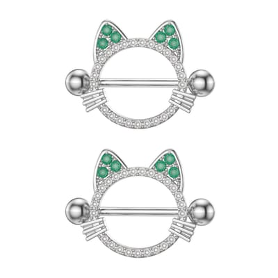 Dailygoods- Tepelringen 14G - Hypoallergene RVS - Body Piercing Sieraden - Zirkonia/Groene Edelstenen - Kattenthema - Symmetrisch Ontwerp