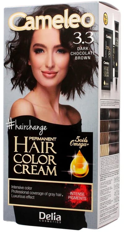 Delia Cosmetics | Haarverf | Cameleo Hair Color Cream Number 3.3 With Omega Oils, Dark Chocolate Brown - Chocolade kleur Haarverf - Allin1 -Haarkleur -Intense Pigments & Luxurieus effect | Permanente Haarkleuring - Langdurige Kleur - Grijsdekking