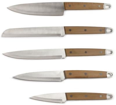 Set van 5 messen - LIVOO - MEC129 - Messen: chef-kok, brood-, keuken-, snij- en schilmessen - Roestvrij staal - Handvat van beukenhout