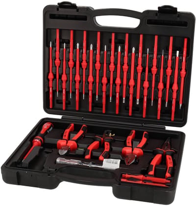 Haupa VDE geïsoleerde Gereedschapsset Wisselklingensystem Vario Plus II 30-delig - 1000 V - Sleufschroevendraaiers - Phillips schroevendraaiers - Pozidriv Schroevendraaier - Torx Schroevendraaiers - Tangenset
