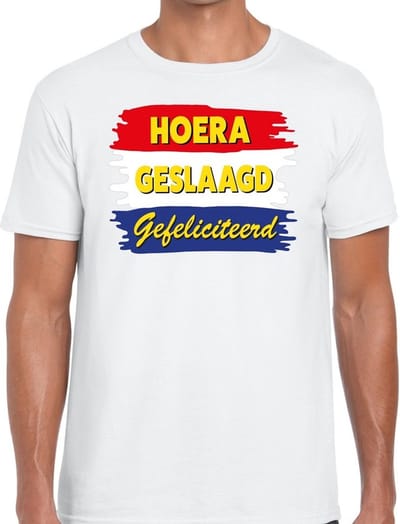 Hoera geslaagd gefeliciteerd t-shirt wit heren - feest shirts heren - geslaagd kleding S