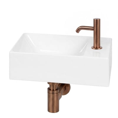 Ben Stelvio fonteinset glans wit keramiek Xtra glaze+ incl. geborsteld koperen kraan rechts