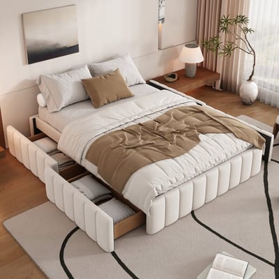 COVREO Bedframe met 4 lades – 140x200 cm – Tweepersoons met lattenbodem – laag model zonder hoofdeinde – Beige - zonder matras