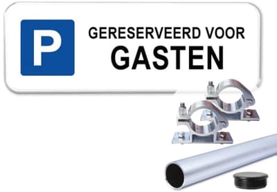Parkeerbord Gereserveerd voor Gasten - Weerbestendig Aluminium - 40x15 cm - Bevestiging: Met paal 120 cm + paalbeugels + paaldop