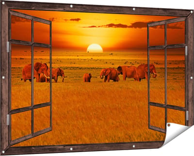 Gards Tuinposter Doorkijk Olifanten in het Wild - Zonsondergang - 150x100 cm - Tuindoek - Tuindecoratie - Wanddecoratie buiten - Tuinschilderij