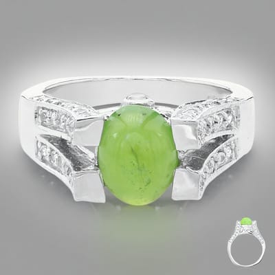 Cavill - Zilveren Ring - 925 Sterling Zilver - Keizerlijk Chrysopraas 1,39 ct - Witte Topaas 0,48 ct - Ovaal Cabochon Elegant Design maat 17