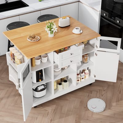 MODENUIT Keukeneiland - Uitklapbaar Werkblad Met Opbergruimte En Wielen - Voor Keuken En Eethoek - MDF - Wit