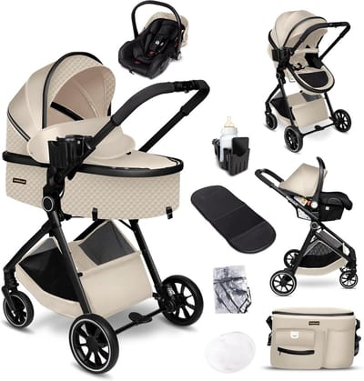 Kinderwagen 3-in-1 - Babyvervoer - Veilig op pad - TÜV-gecertificeerd - 8 kg - Beige Zwart