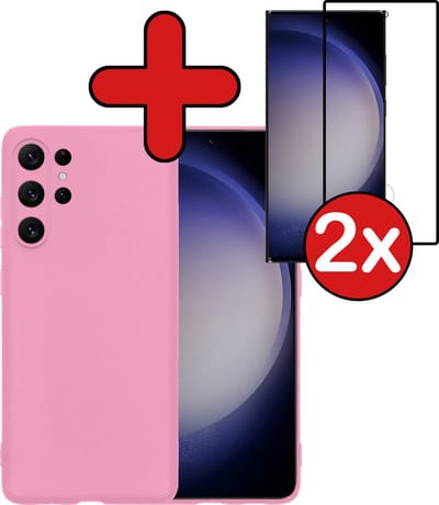 Hoesje - Met 2x Screenprotector - Geschikt voor Samsung Galaxy S23 Ultra - Sterk & Shockproof - Telefoon Hoes - Back Cover - Siliconen Case - Telefoonhoes - Roze