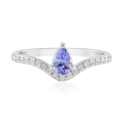 Cavill - Zilveren ring geplatineerd 925 Sterling Zilver met peervormige Tanzaniet 0,392 ct & briljante zirkonen 0,265 ct - Elegante damesring 22x21 mm