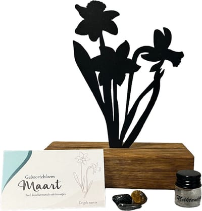 Baby cadeau - geboorte bloem beeld- Maart- Narcis - mét tandendoosje / potje / haarlokpotje en beschermende edelsteentjes - metaal in houten sokkel - uniek design