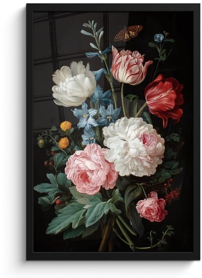 Poster in lijst - Fotolijst 40x60 cm - Posters - Boeket - Kleurrijk - Klassiek - Posterlijst zwart - Decoratie - Wanddecoratie woonkamer - Muurdecoratie slaapkamer