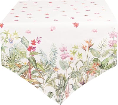 Clayre & Eef Tafelloper 50x160 cm Wit Groen Katoen Jungle Botanics Tafelkleed