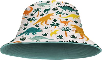 Yucka - Bucket Hat - Vissershoedje - Hoedje - Kinderen - Dino - Dinosaurus - Reversible - 4 t/m 7 jaar - 52 cm - wit - turquoise