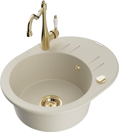 Mexen Kevin granieten spoelbak 1-kamer met afdruiprek en keukenkraan Carla, beige - 6517-69-670700-50