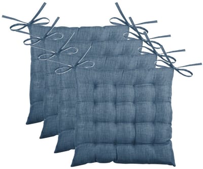 Stof Textile stoelkussen BEA - 4x - blauw - 40 x 40 x 4 cm - touwtjes sluiting - binnen/buiten - zitkussens plat