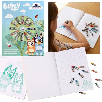 Bluey Creatief schrijfset voor kinderen, notitieboekje + 12 mini-waskrijtjes