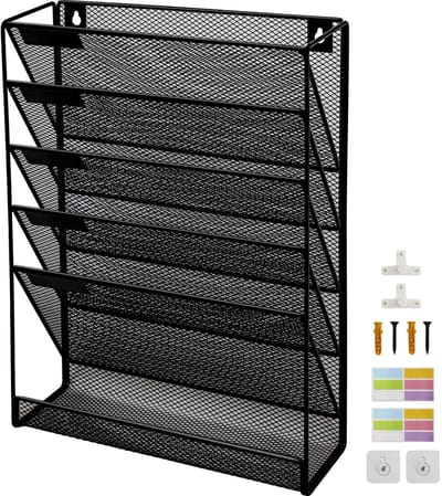 6 Tier Upgrade Mesh Muur Bestand Houder Organizer met Bodem Platte Lade, Medium Mesh Verticale Opknoping File Organizer, Kantoor Opknoping File Map Tijdschrift Rack, Nametag Label Haken Set