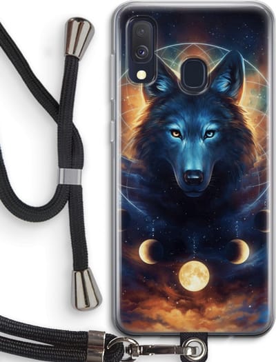 Case Company® - Hoesje met koord geschikt voor Samsung Galaxy A40 hoesje met Koord - Wolf Dreamcatcher - Telefoonhoesje met Zwart Koord - Bescherming aan alle Kanten en Over de Schermrand