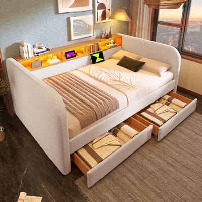 Moderne Slaapbank 140x190 – Opbergbed met LED-Verlichting, USB-Opladen & 2 Laden – Lichtbeige