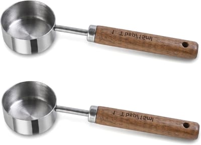 Koffielepels set van 2, maatlepels en doseerlepels met walnoothandgreep, ideaal voor koffie, thee en cacaopoeder, roestvrij staal en lange handgreep