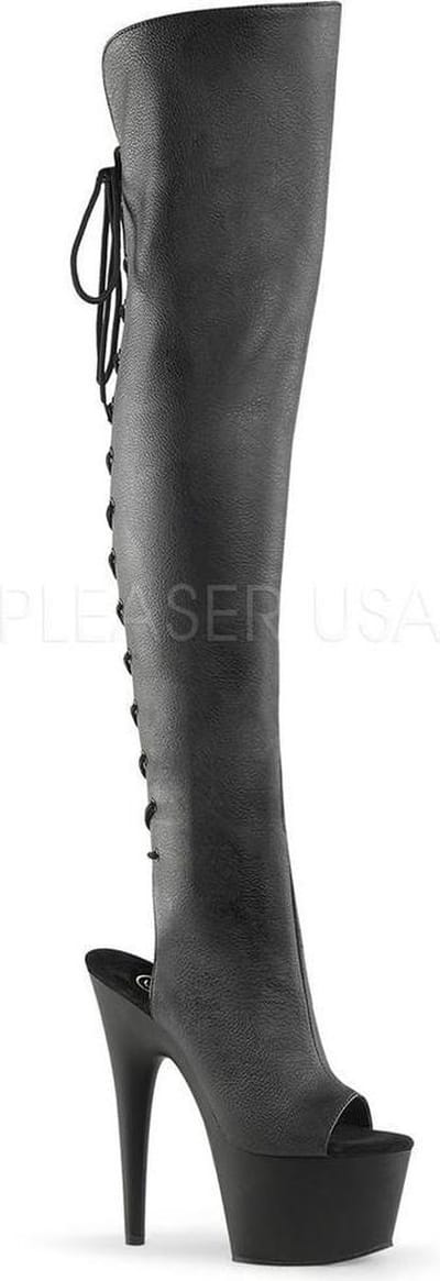 Adore-3019 plateau peeptoe overknee laars met open hiel en stiletto hak mat zwart - (EU 37 = US 7) - Pleaser