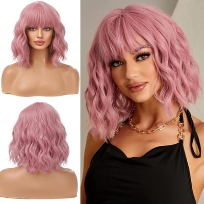 Korte Golvende Roze Bob Peruk met Strikjes, Schouderlengte, Krullend en Golfachtig, Synthetisch voor Cosplay en Feestjes - 30 cm