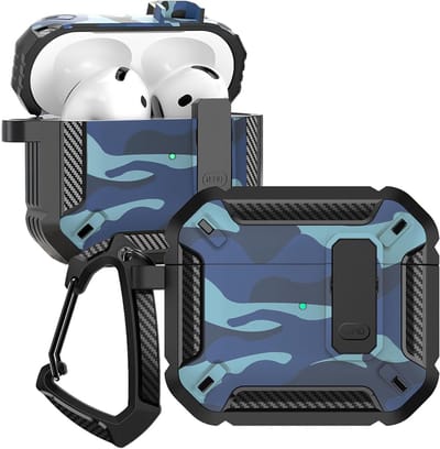 Rugged Shock- en Valbestendige Camouflage Beschermcase voor AirPods 4 met Veiligheidslock en Sleutelhanger – Camo Blauw en Duurzaam Ontwerp
