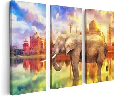 Artaza Canvas Schilderij Drieluik Getekende Olifant Bij Taj Mahal - Abstract - 120x80 - Foto Op Canvas - Canvas Print