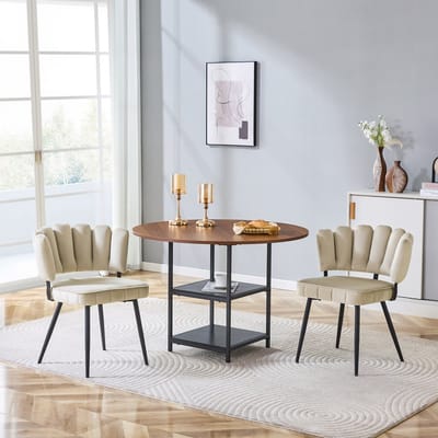 FloraGrace Eetkamerset 107 Cm – Ronde Tafel Met 2 Opberglagen En Bloemstoelen – Compact Voor Kleine Ruimtes – Walnoot, Lichtbruin