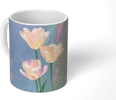 Mok - Koffiemok - Tulpen - Roze accenten - Blauw - Mokken - 350 ML - Beker - Koffiemokken - Theemok